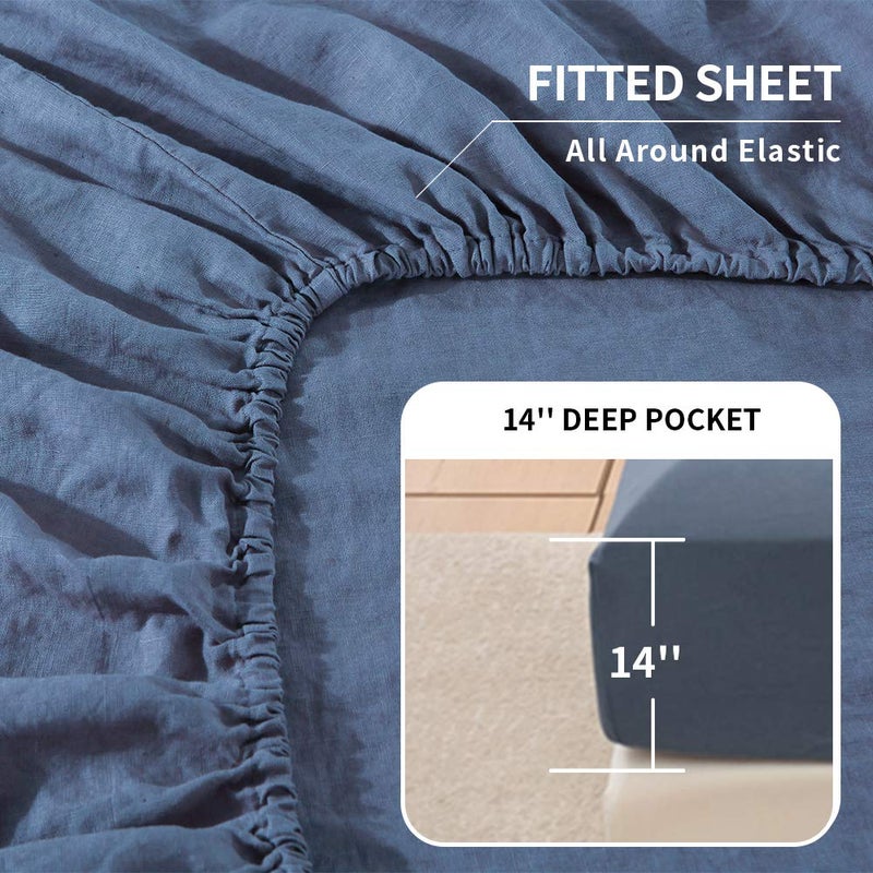 Simple&Opulence Belgian Linen Sheet Set Solid Color - 4 Pieces (1 Flat Sheet, 1 Fitted Sheet & 2 Pillowcases) Natural Flax Cotton Blend Soft Breathable Farmhouse Bedding - Queen Size, Classic Blue - Image 3